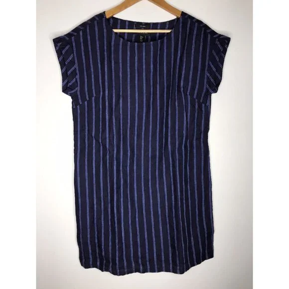 Tahari Womens Medium Navy Blue Striped 100% Linen Dress